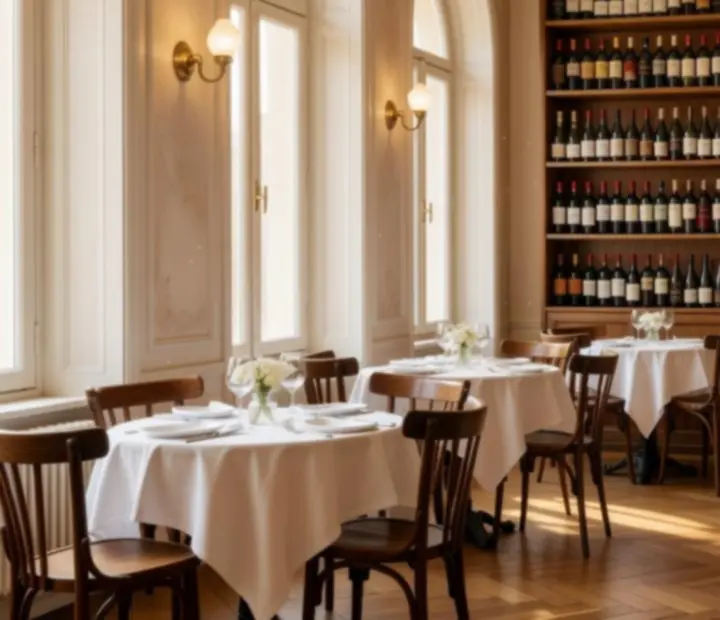 Słoneczna ściana win w bistro z drewnianymi krzesłami giętymi