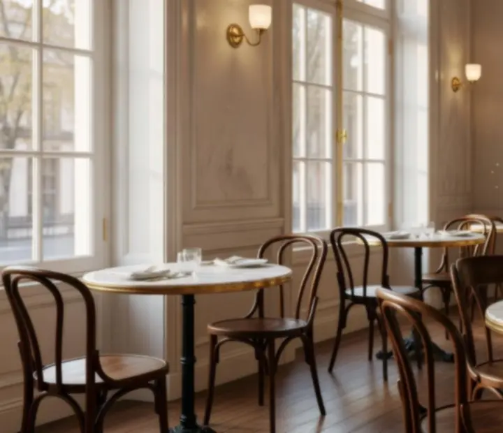Słoneczne wnętrze bistro z drewnianymi krzesłami przy dużych oknach