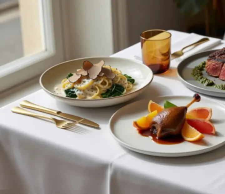 Białe nakrycie stołu w bistro z talerzem dania głównego i kieliszkiem wina.