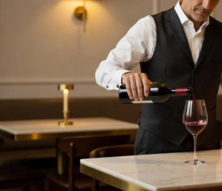 Sommelier nalewa wino do kieliszka w eleganckim bistro