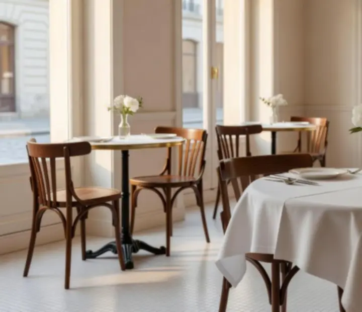 Słoneczne wnętrze bistro Widorastella z drewnianymi krzesłami przy oknie