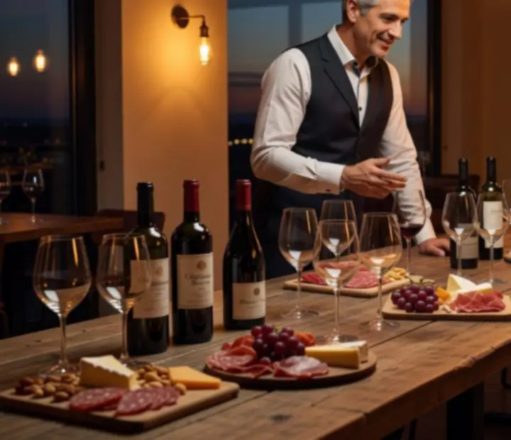 Wieczór Wine & Conversation w bistro Widorastella z kieliszkami wina i rozmowami przy stolikach