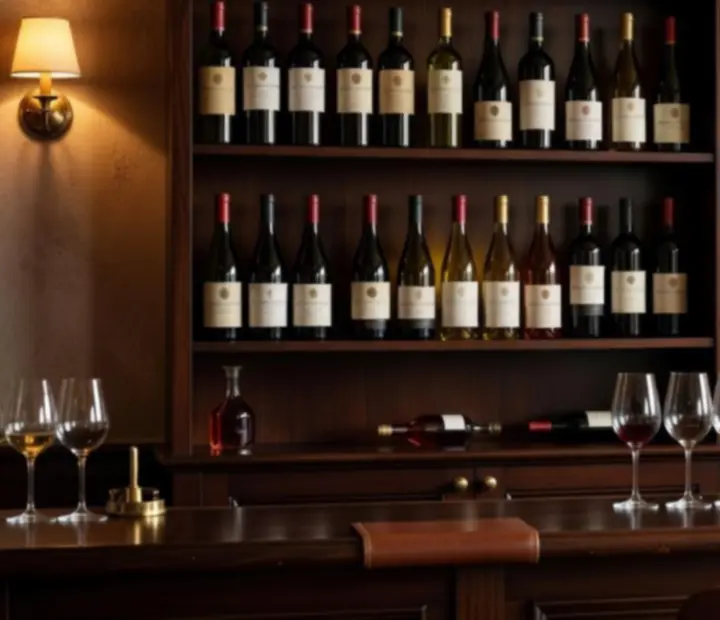 Tablica z odręcznie wypisanymi winami oraz kieliszek wina na barze bistro.